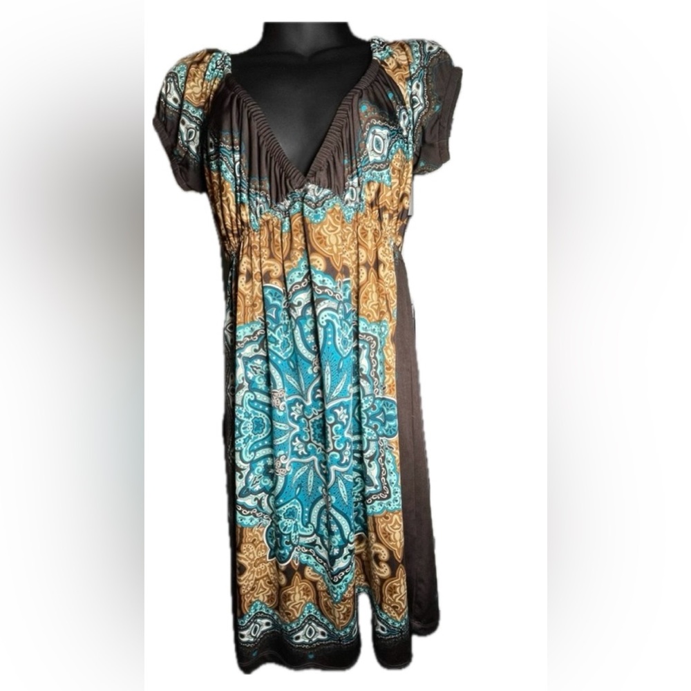 Bailey Blue deep V-neck dress/cover up | Brown and turquoise | size small